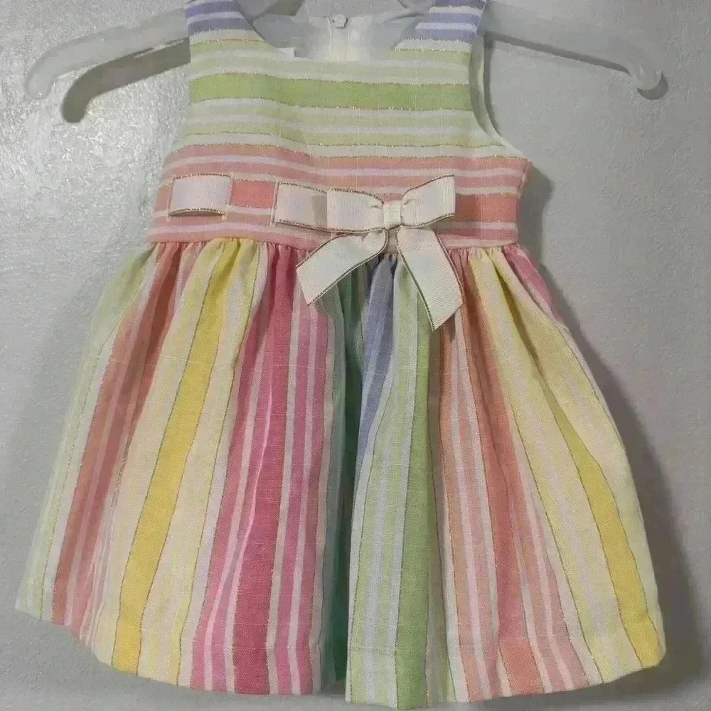 Bonnie Jean Girls Rainbow Stripe Linen Blend Dress Size 12M Pastel Bow Easter